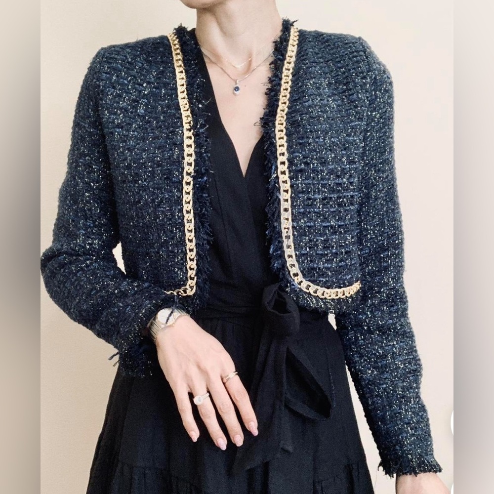 NWOT Christian Lacroix Navy and Gold Metallic Tweed Cropped Blazer | Small - Picture 12 of 13